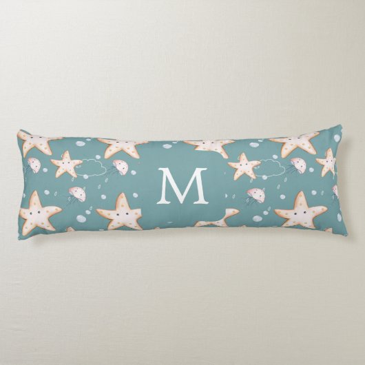 Groene donkercyaanmonogram van stervis lichaamskussen (Achterkant)