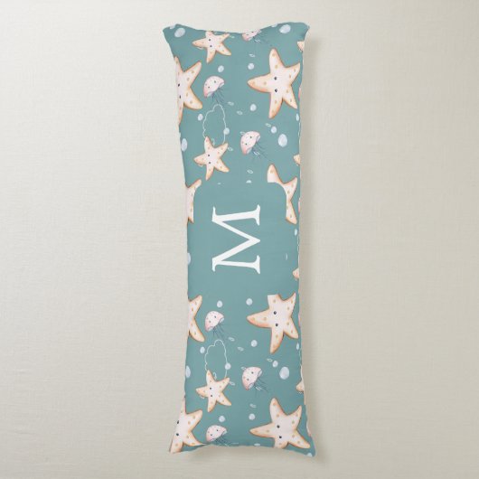 Groene donkercyaanmonogram van stervis lichaamskussen (Voorkant Verticaal)