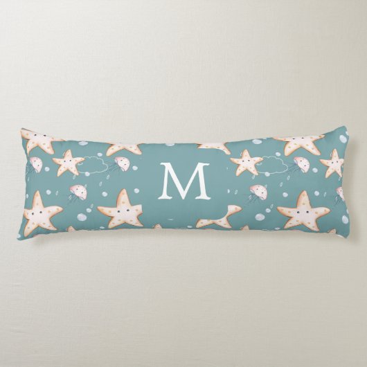 Groene donkercyaanmonogram van stervis lichaamskussen (Voorkant)