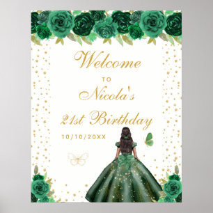 Groene donkere huid meisje verjaardagsfeest welkom poster