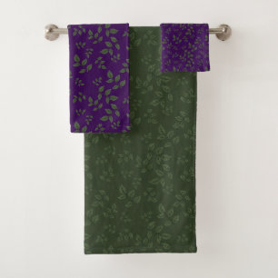 Groene donkergroene paarse groene patroonbladeren bad handdoek