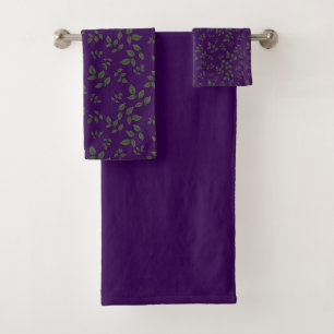 Groene donkergroene paarse patroonbladeren bad handdoek