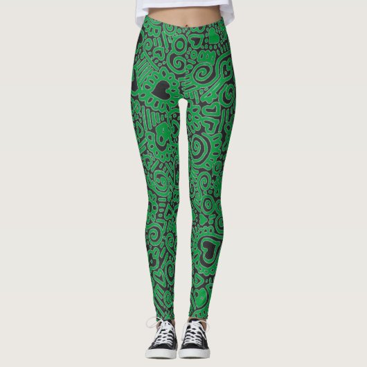 Groene Doodlepatroon Broek Leggings (Voorkant)