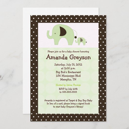 Groene Dottie Elephant 5x7 Baby shower Uitnodiging (Voorkant / Achterkant)