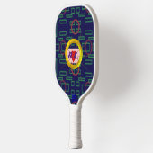 Groene dozen rode cirkels blauwe pickleball paddle (Links)