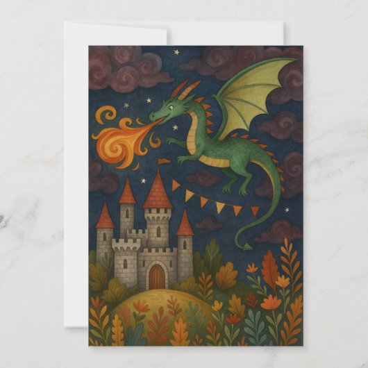 Groene Draak Ademt Vuur Over Kasteel Verjaardag Kaart (Achterkant)