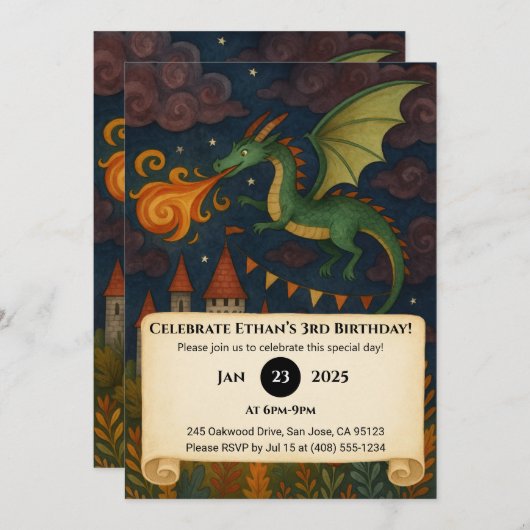 Groene Draak Ademt Vuur Over Kasteel Verjaardag Kaart (Voorkant / Achterkant)