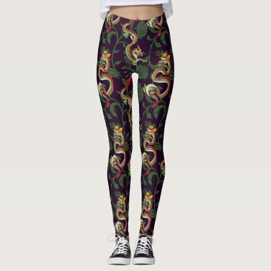Groene draak en bloemen leggings (Voorkant)