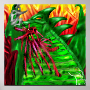 Groene Draak in Vlammen Fantasie Kunst  Poster