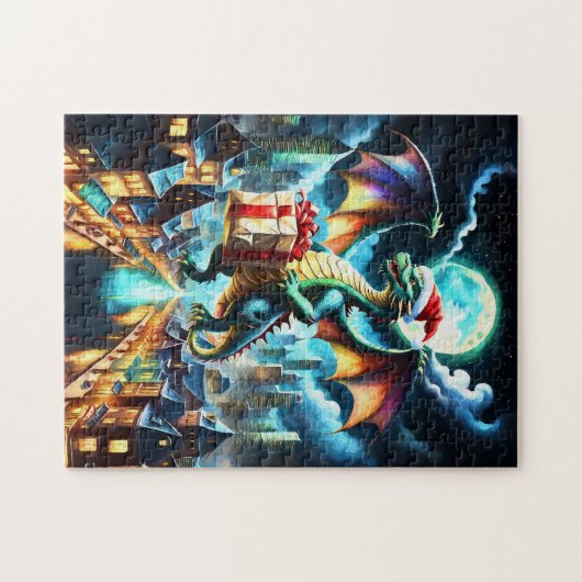 Groene draak levert kerstcadeaus legpuzzel (Horizontaal)