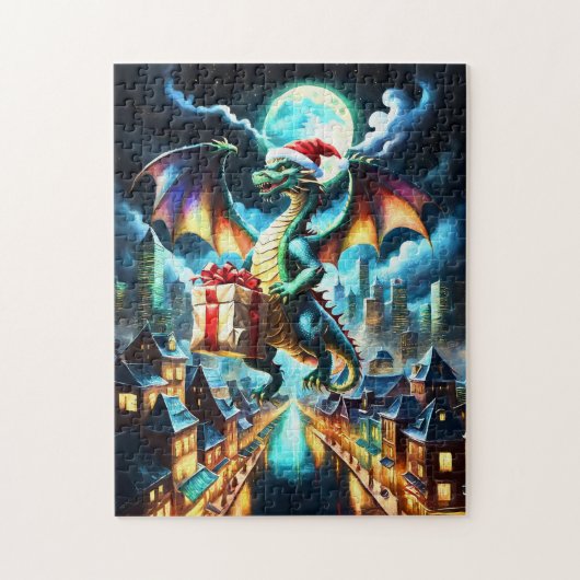Groene draak levert kerstcadeaus legpuzzel (Verticaal)