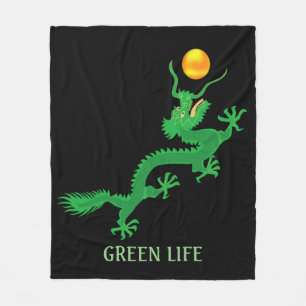 Groene Draak met Gouden Zonbal op Zwart Fleece Deken