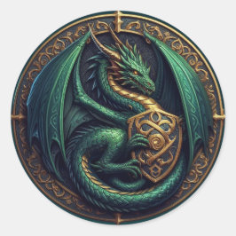 Groene draak met schild ronde sticker