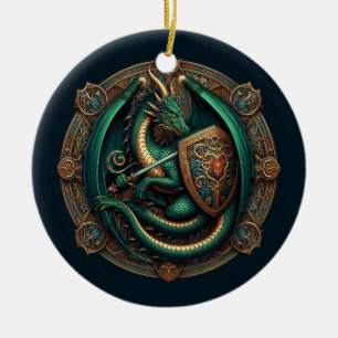 Groene draak met zwaard keramisch ornament