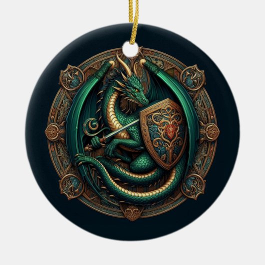 Groene draak met zwaard keramisch ornament (Voorkant)