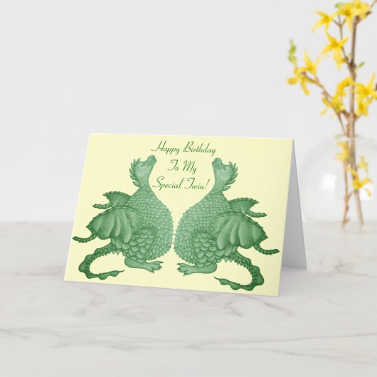 Groene draak mythische fantasie creatuur voor twee kaart (Gele Bloem)