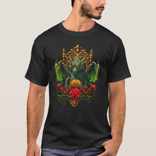 Groene draak op gouden troon met rode bloemen t-shirt (Voorkant)