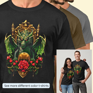 Groene draak op gouden troon met rode bloemen t-shirt