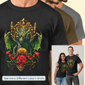 Groene draak op gouden troon met rode bloemen t-shirt