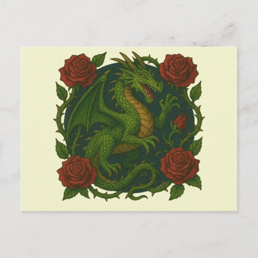 Groene draak rode rozen briefkaart (Voorkant)