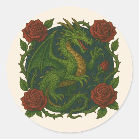 Groene draak rode rozen ronde sticker (Voorkant)