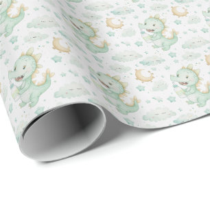 Groene Dragon Baby Pastel Waterverf Patroon Cadeaupapier