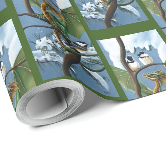 Groene Dragon Chickadees Winter Cadeaupapier (Rol Hoek)