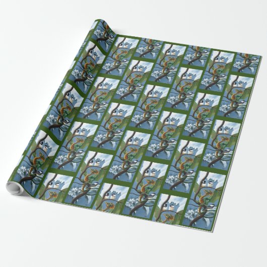 Groene Dragon Chickadees Winter Cadeaupapier (Uitgerold)