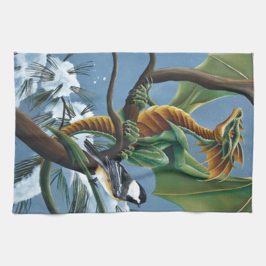 Groene Dragon Chickadees Winter Theedoek (Horizontaal)