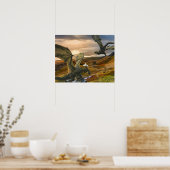 Groene dragon Fantasy Mountains Poster (Keuken)