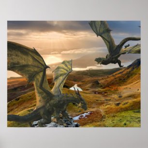 Groene dragon Fantasy Mountains Poster