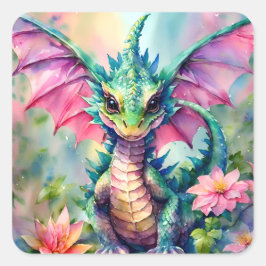 Groene Dragon Roze Vleugels Bloemen Waterverf Vierkante Sticker