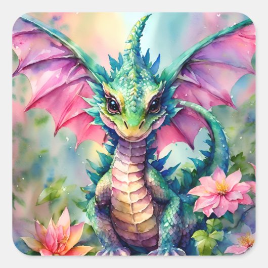 Groene Dragon Roze Vleugels Bloemen Waterverf Vierkante Sticker (Voorkant)