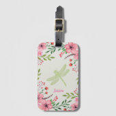 groene Dragonfly roze bloemen Bagagelabel (Voorkant (verticaal))