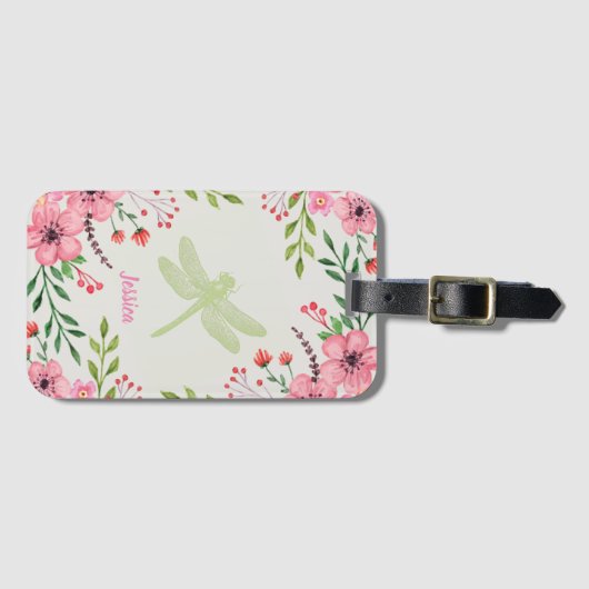  groene Dragonfly roze bloemen Bagagelabel (Voorkant (horizontaal))