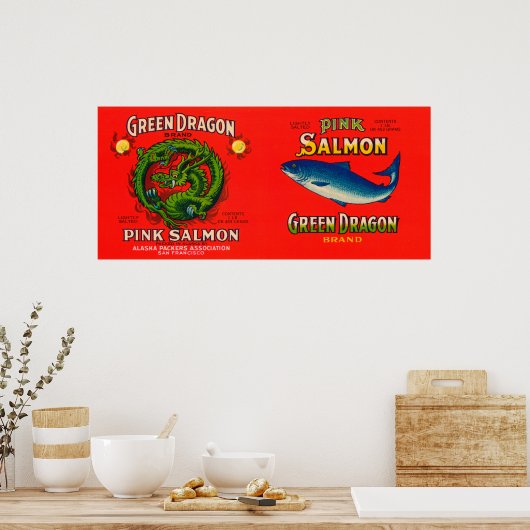 Groene drakenmerk en zalmlabel poster (Keuken)