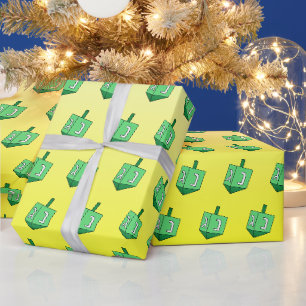 Groene Dreidel op Gele Chanoeka Cadeaupapier