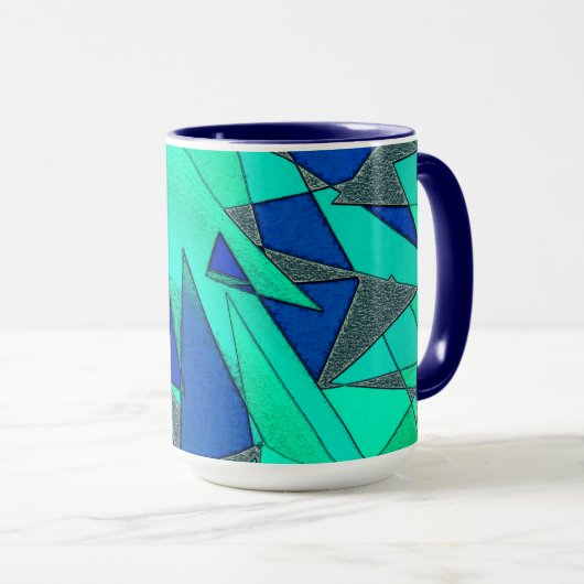 Groene driehoekige sneeuw op blauwe achtergrond, r mok (Voorkant rechts)