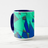 Groene driehoekige sneeuw op blauwe achtergrond, r mok (Voorkant links)