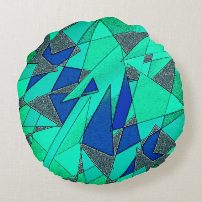 Groene driehoekige sneeuw op blauwe achtergrond, r rond kussen (Achterkant)