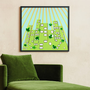 Groene Eco Stad Silhouet met Drijvende Bladeren Poster