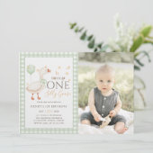 Groene Een Gekke Gans 1e Verjaardag Foto Kaart (Staand voorkant)