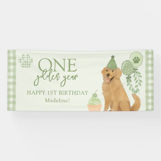 Groene Eén Gouden Jaar Retriever Puppy 1e Verjaard Spandoek (Horizontaal)