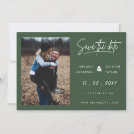 Groene, eenvoudige handgeschreven foto's plakken save the date
