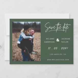 Groene, eenvoudige handgeschreven foto's plakken save the date