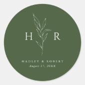 Groene Eenvoudige Monogram Botanische Huwelijk Ronde Sticker (Voorkant)