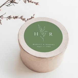 Groene Eenvoudige Monogram Botanische Huwelijk Ronde Sticker