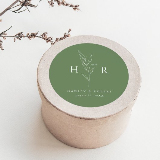 Groene Eenvoudige Monogram Botanische Huwelijk Ronde Sticker