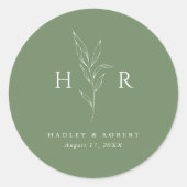 Groene Eenvoudige Monogram Botanische Huwelijk Ronde Sticker (Voorkant)