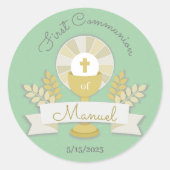 Groene Eerste Communie Ronde Sticker (Voorkant)